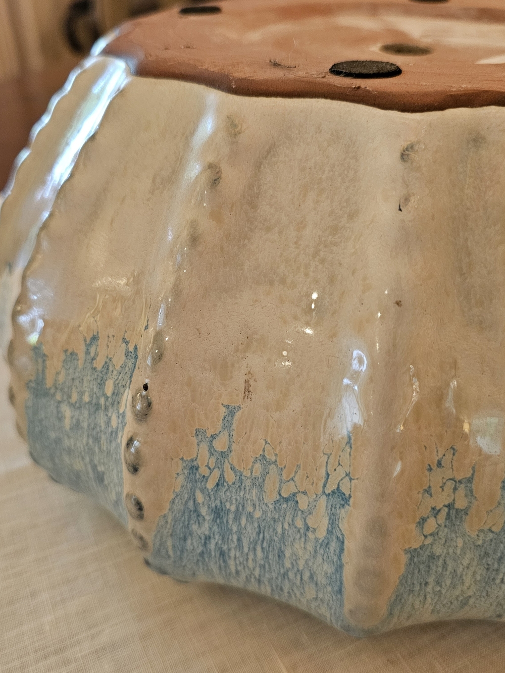 Large 11" Sea Urchin Ceramic Planter Pot Heavy Stoneware Blue White Garden Basin - Picture 6 of 7